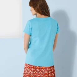 T-Shirt En Topje<Blancheporte Effen T-shirt met ronde hals en korte mouwen, katoen turkooisblauw