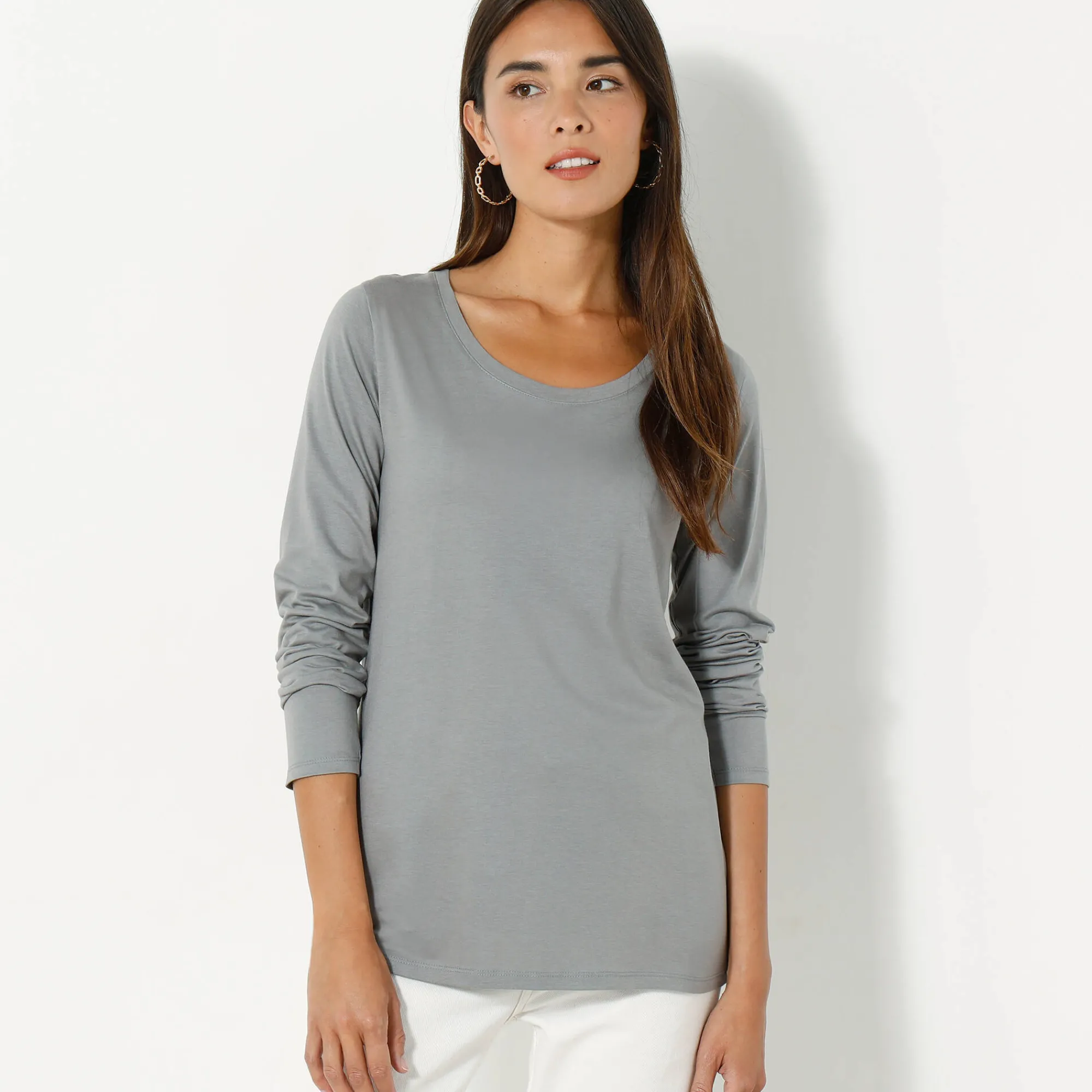 T-Shirt En Topje<Blancheporte Effen T-shirt met ronde hals en lange mouwen grijs