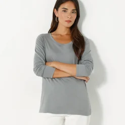 T-Shirt En Topje<Blancheporte Effen T-shirt met ronde hals en lange mouwen grijs