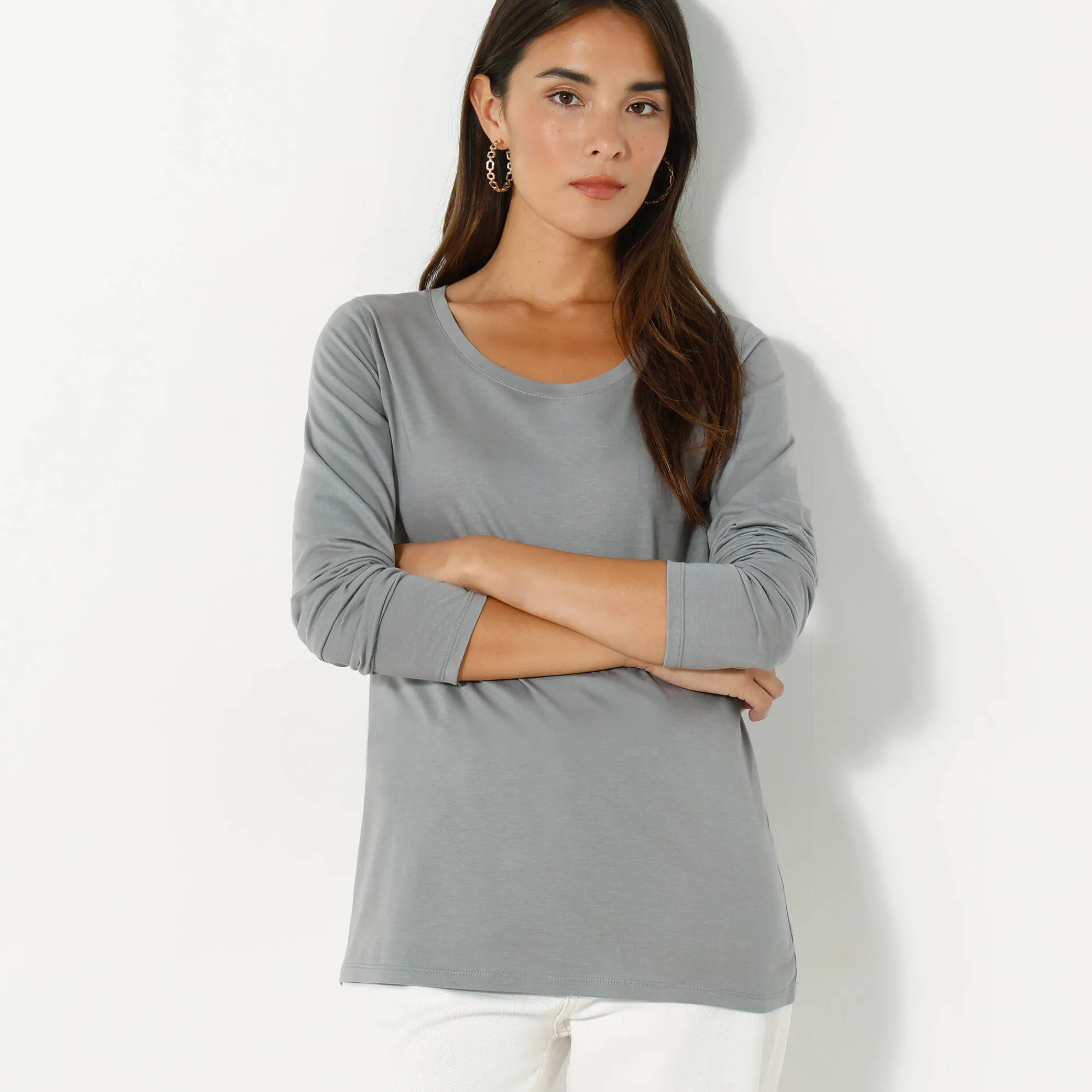 T-Shirt En Topje<Blancheporte Effen T-shirt met ronde hals en lange mouwen grijs