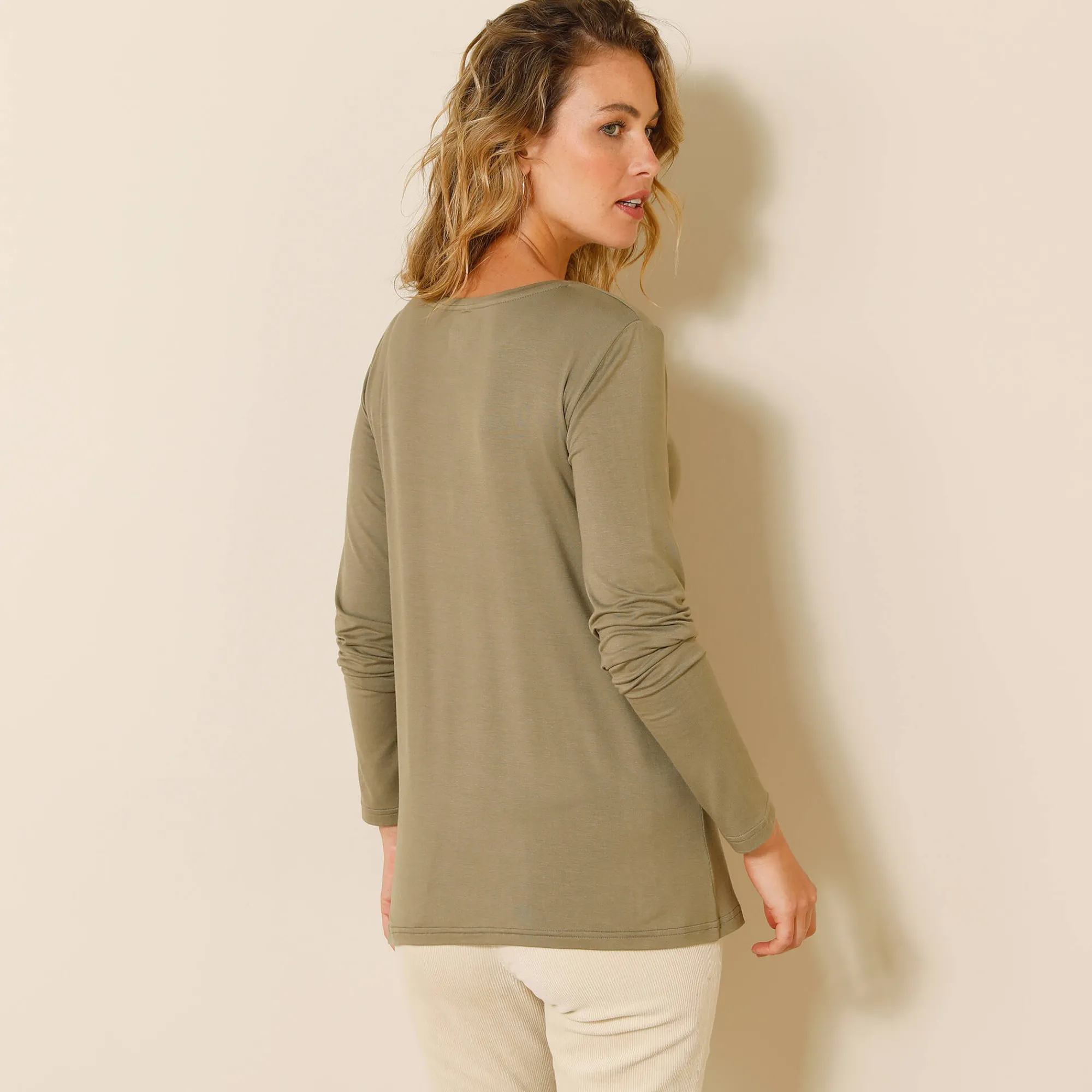 T-Shirt En Topje<Blancheporte Effen T-shirt met ronde hals, in stretchstof kaki