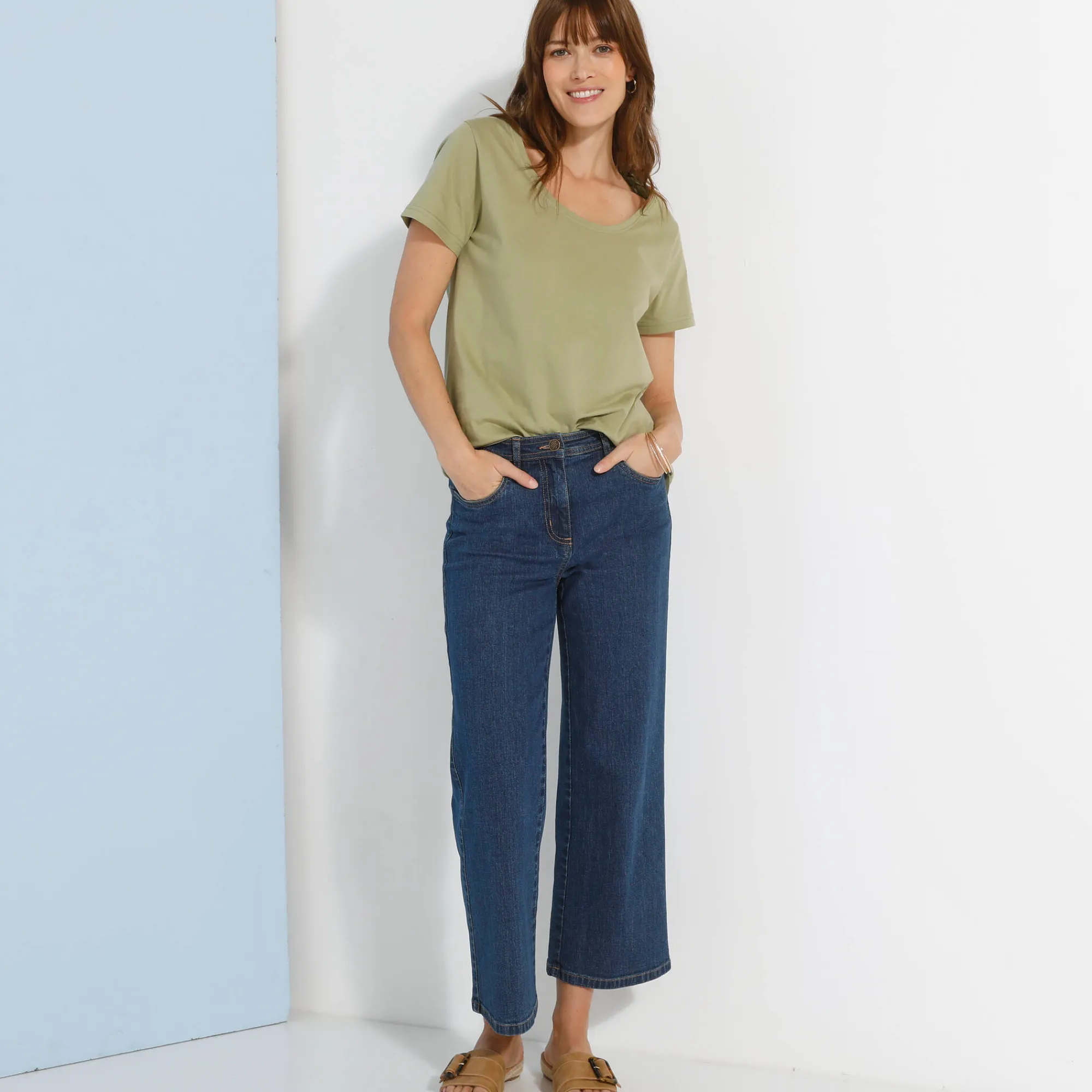 T-Shirt En Topje<Blancheporte Effen T-shirt met ronde hals en korte mouwen, katoen lichtkaki