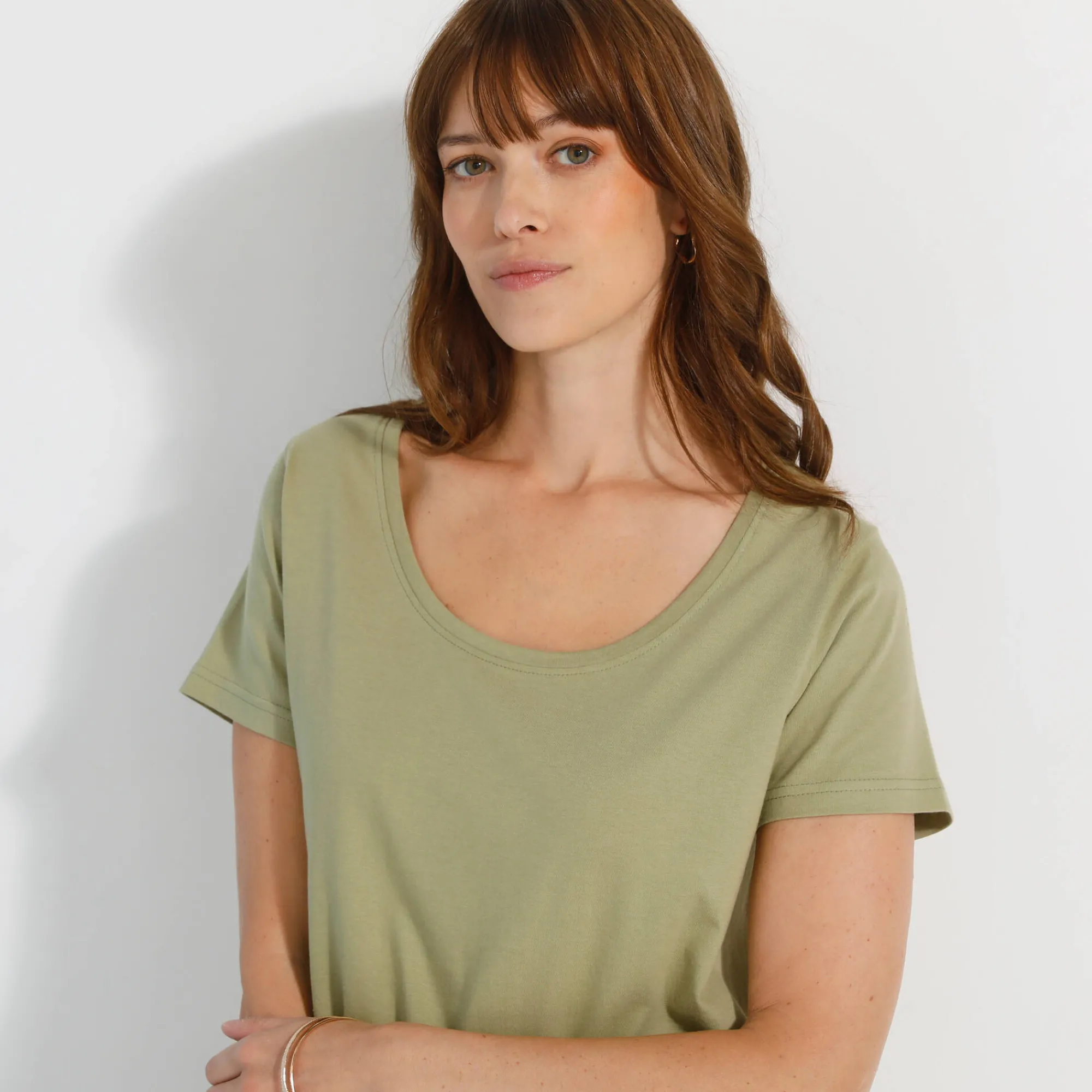 T-Shirt En Topje<Blancheporte Effen T-shirt met ronde hals en korte mouwen, katoen lichtkaki