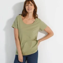 T-Shirt En Topje<Blancheporte Effen T-shirt met ronde hals en korte mouwen, katoen lichtkaki