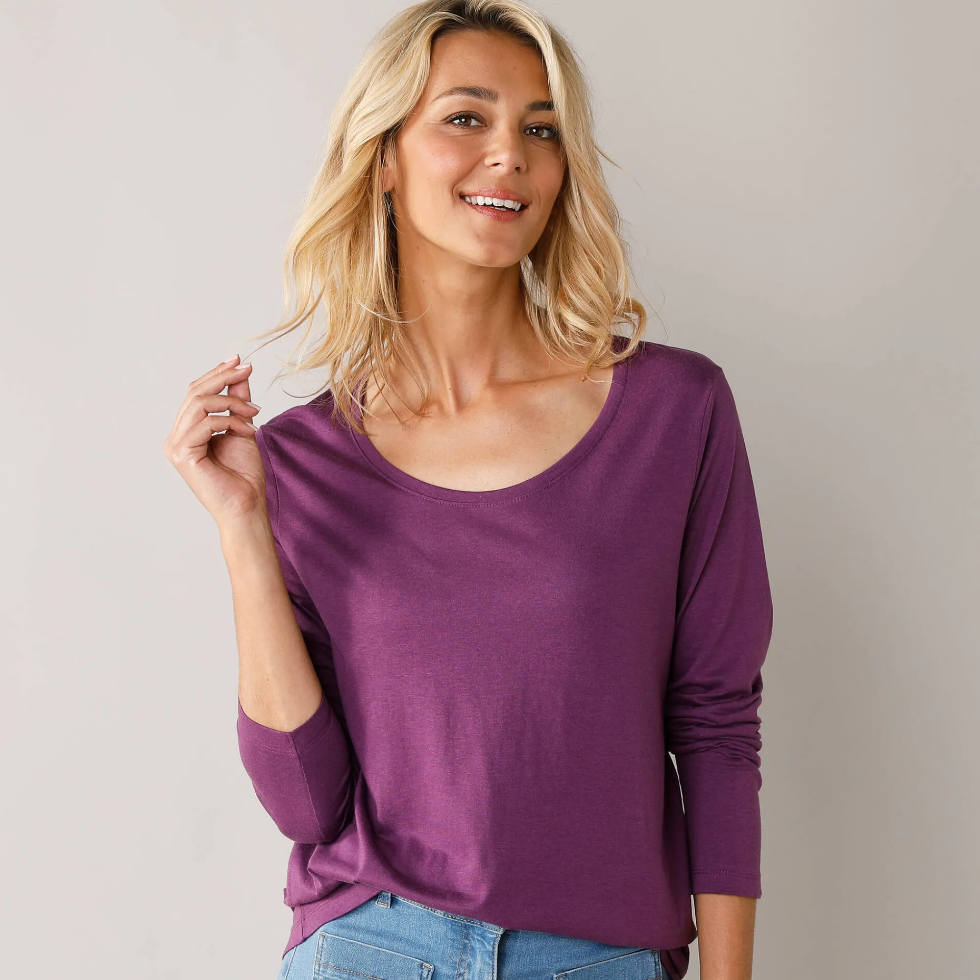 T-Shirt En Topje<Blancheporte Effen T-shirt met ronde hals en lange mouwen paars