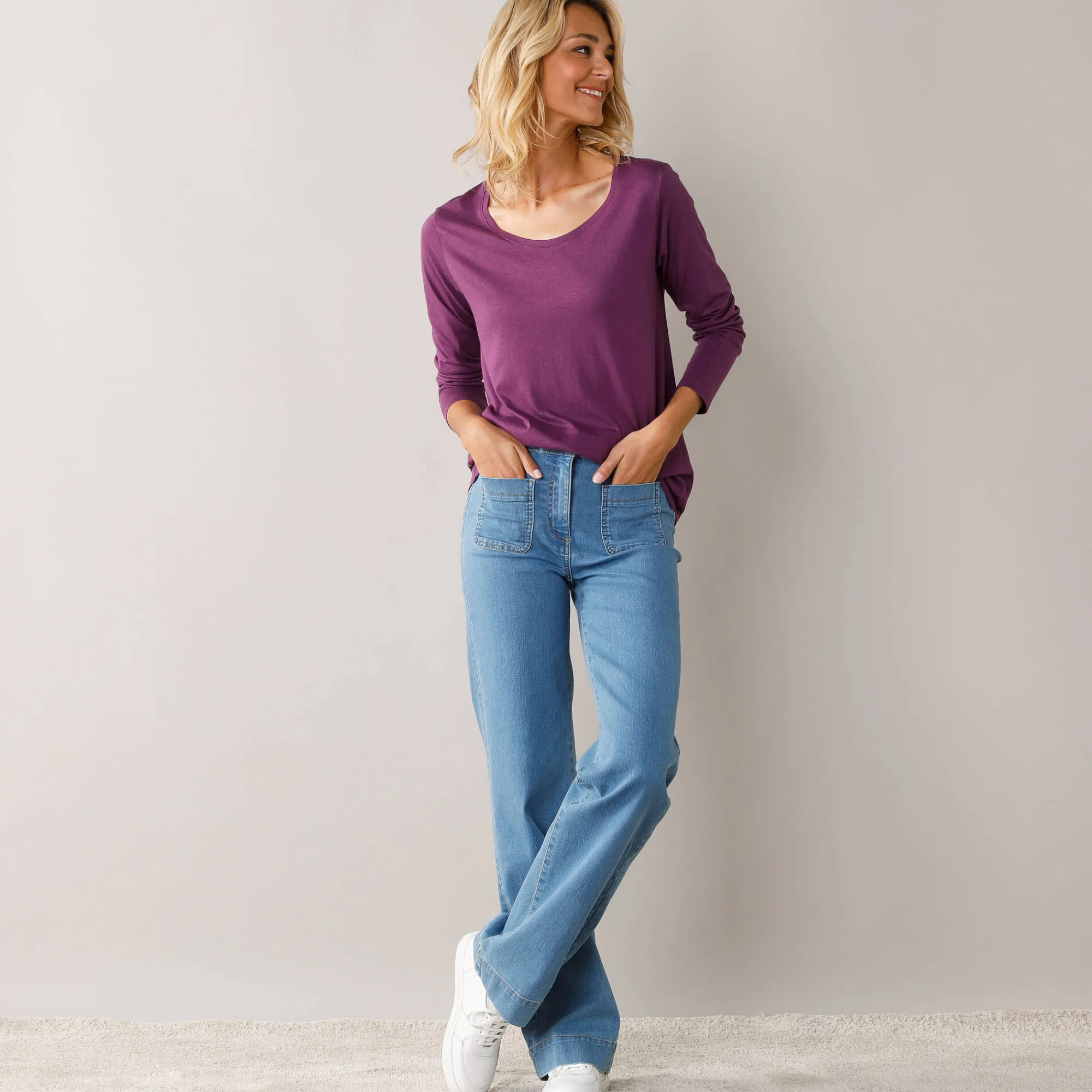 T-Shirt En Topje<Blancheporte Effen T-shirt met ronde hals en lange mouwen paars