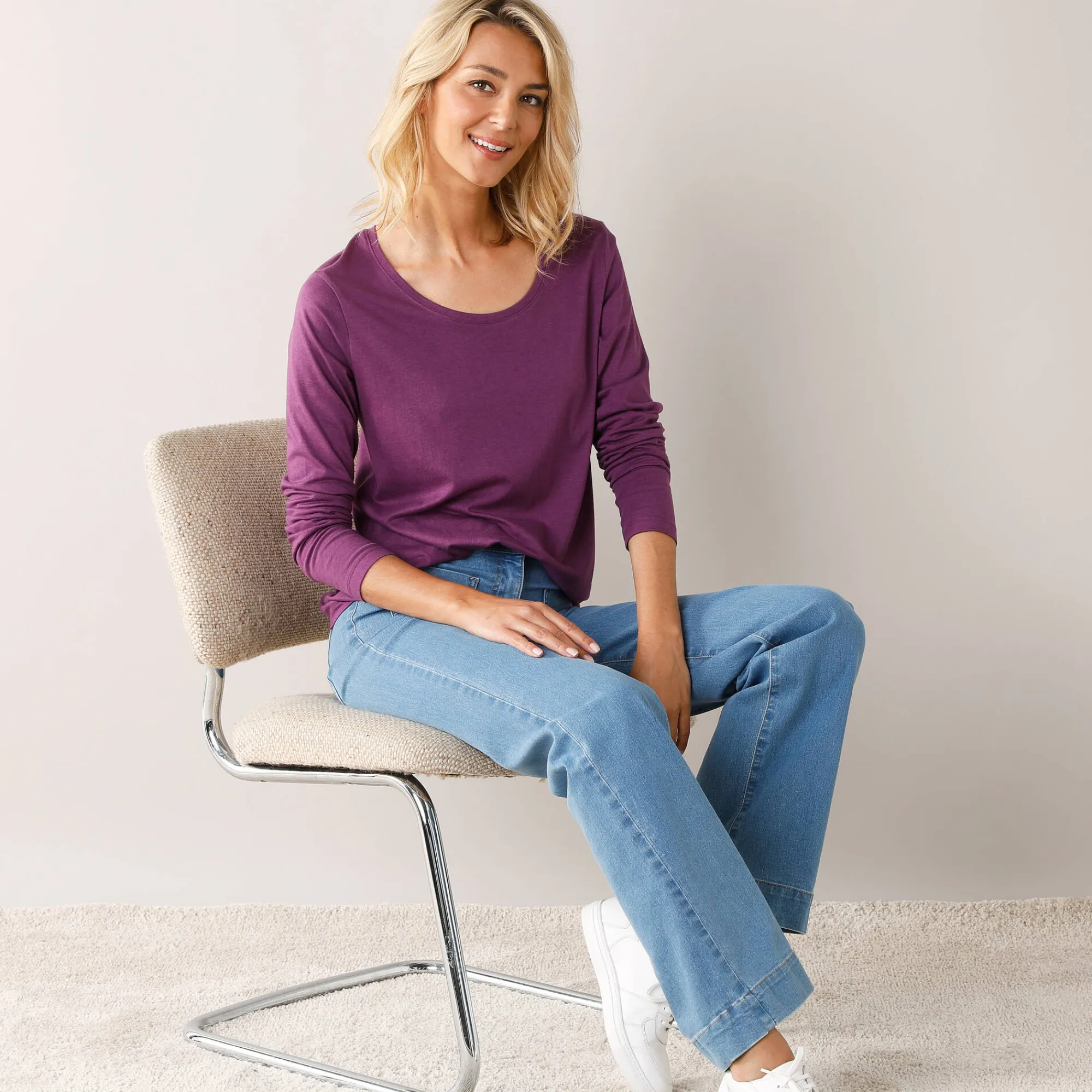 T-Shirt En Topje<Blancheporte Effen T-shirt met ronde hals en lange mouwen paars