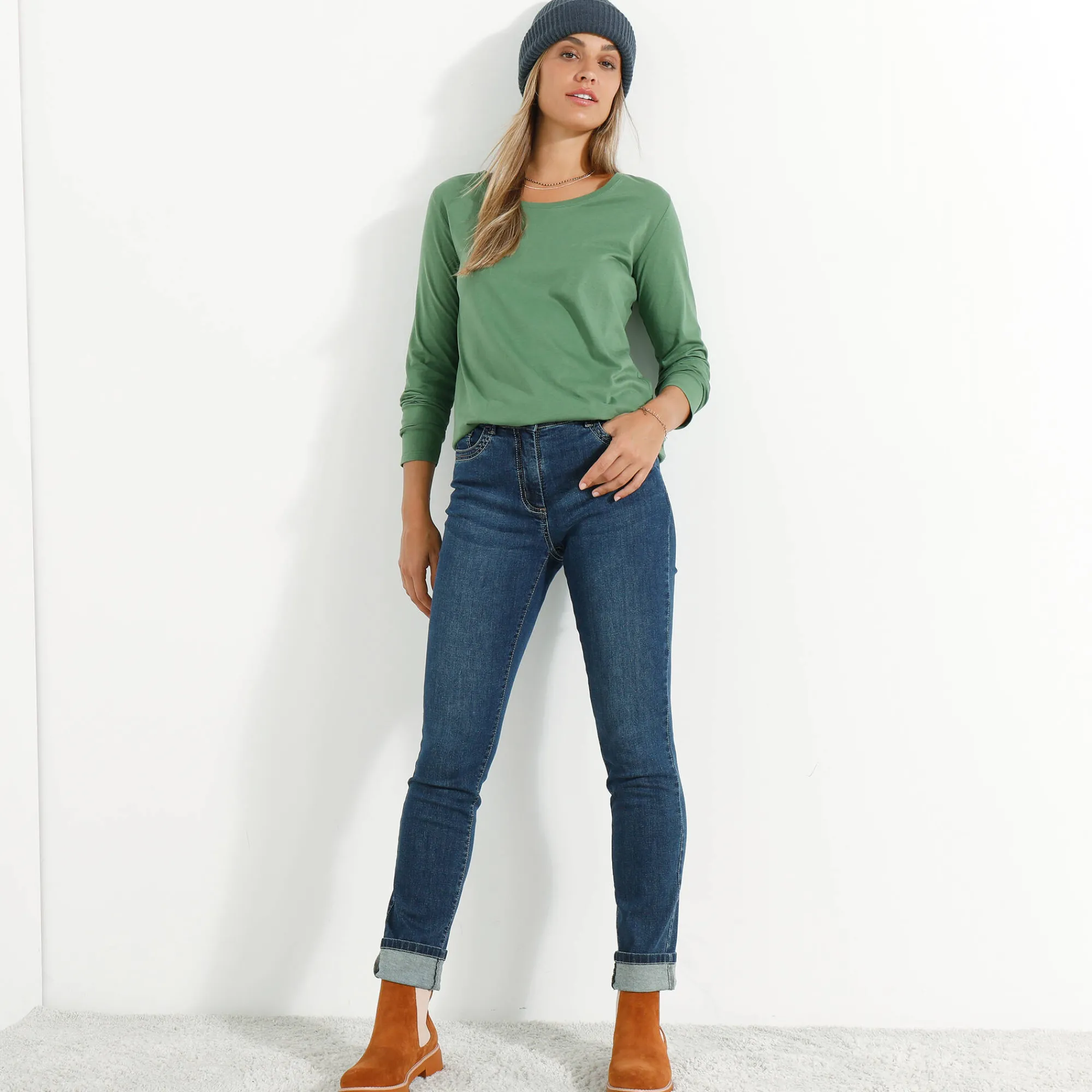 T-Shirt En Topje<Blancheporte Effen T-shirt met ronde hals en lange mouwen mosgroen
