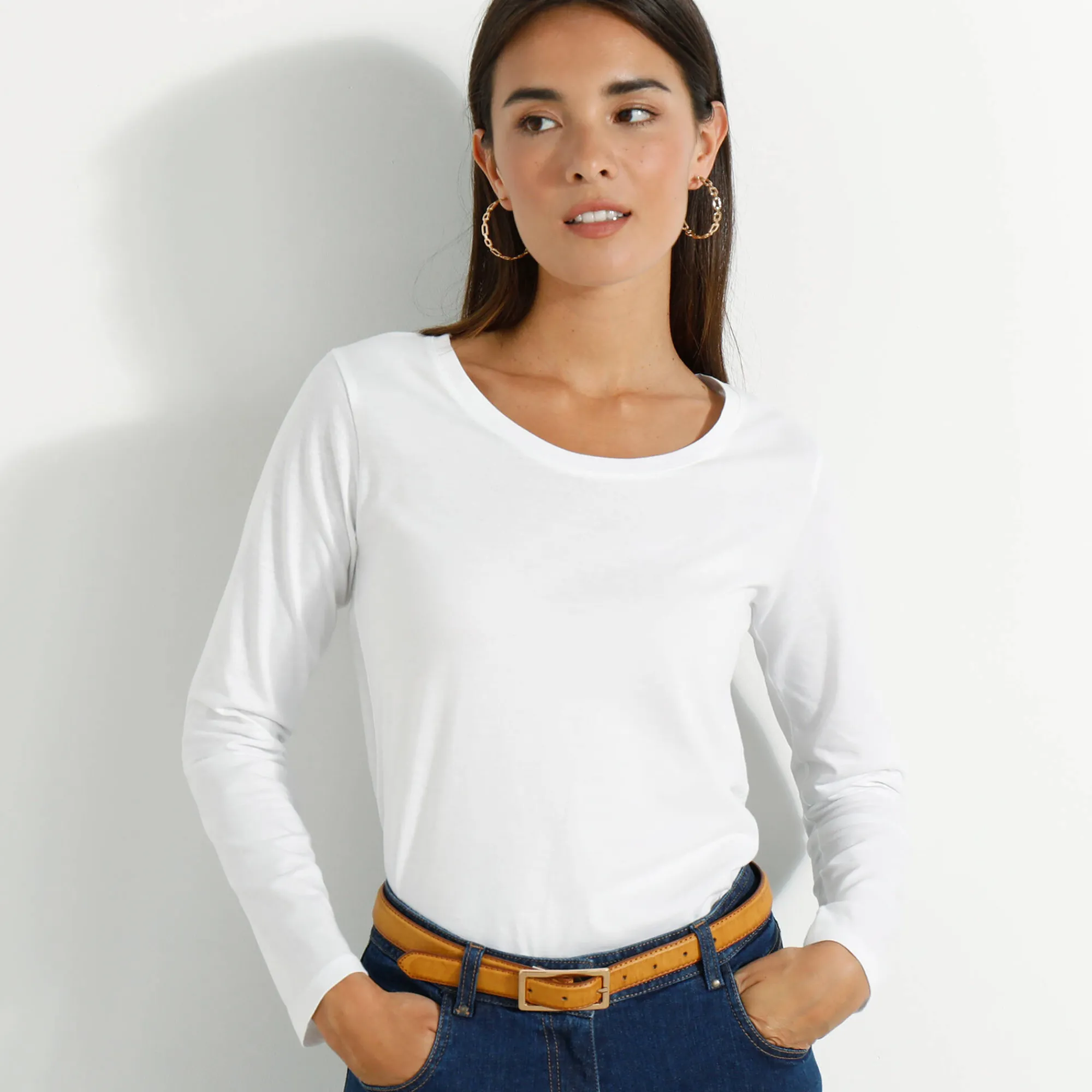 T-Shirt En Topje<Blancheporte Effen T-shirt met ronde hals en lange mouwen wit