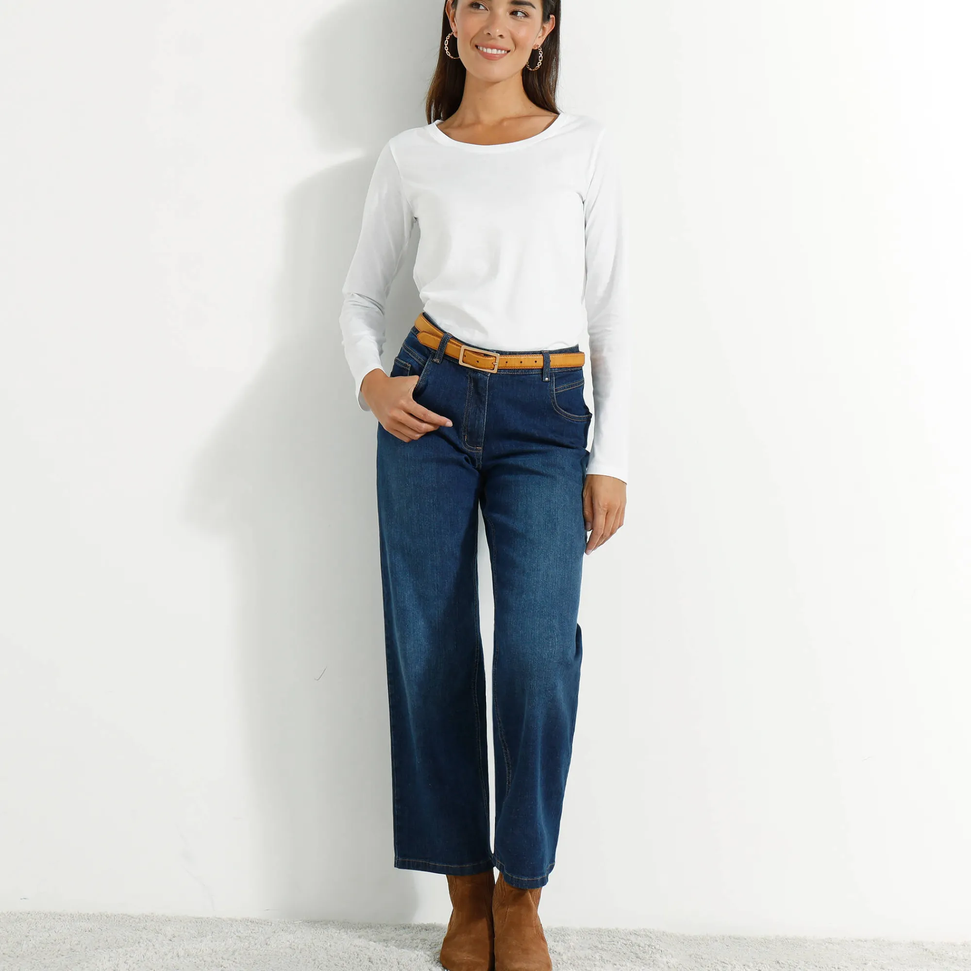 T-Shirt En Topje<Blancheporte Effen T-shirt met ronde hals en lange mouwen wit