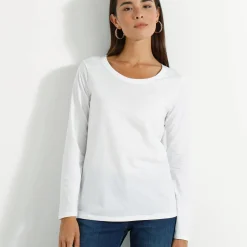 T-Shirt En Topje<Blancheporte Effen T-shirt met ronde hals en lange mouwen wit
