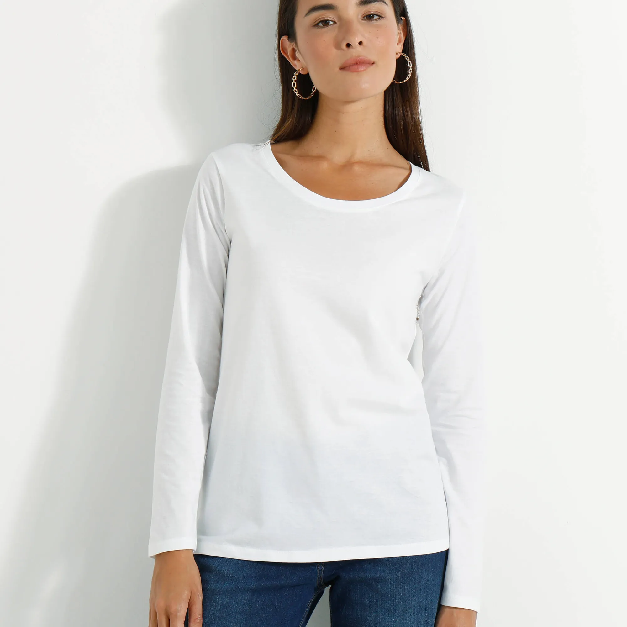 T-Shirt En Topje<Blancheporte Effen T-shirt met ronde hals en lange mouwen wit