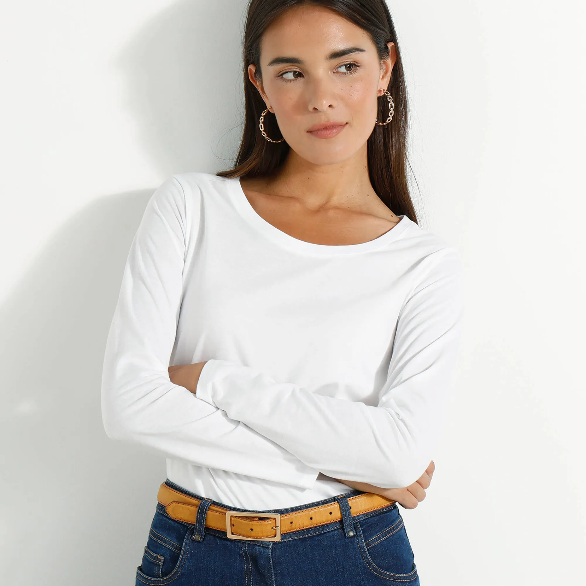 T-Shirt En Topje<Blancheporte Effen T-shirt met ronde hals en lange mouwen wit