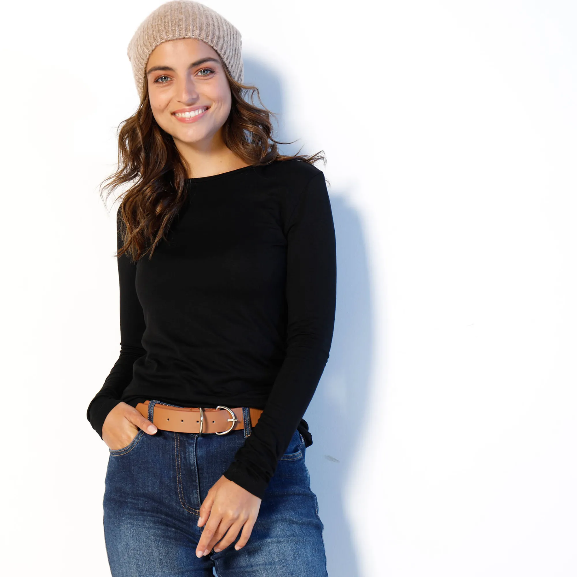 T-Shirt En Topje<Blancheporte Effen T-shirt met ronde hals, in stretchstof zwart
