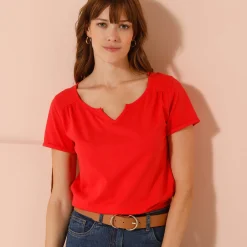 T-Shirt En Topje<Blancheporte Effen T-shirt met Tunesische hals, katoen klaproosrood
