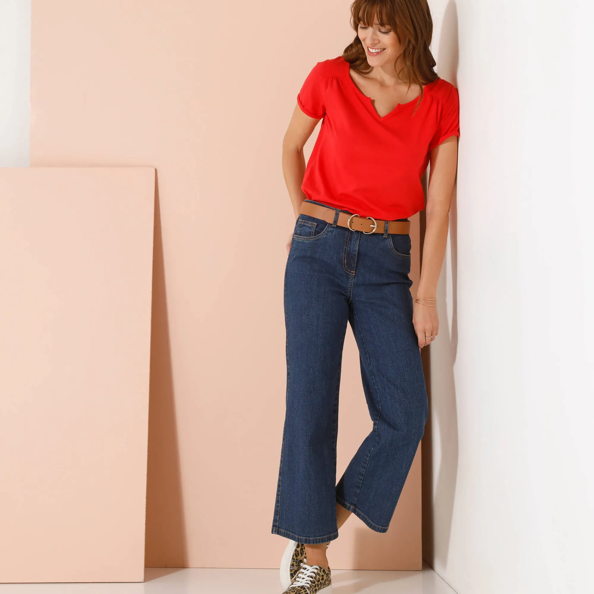 T-Shirt En Topje<Blancheporte Effen T-shirt met Tunesische hals, katoen klaproosrood