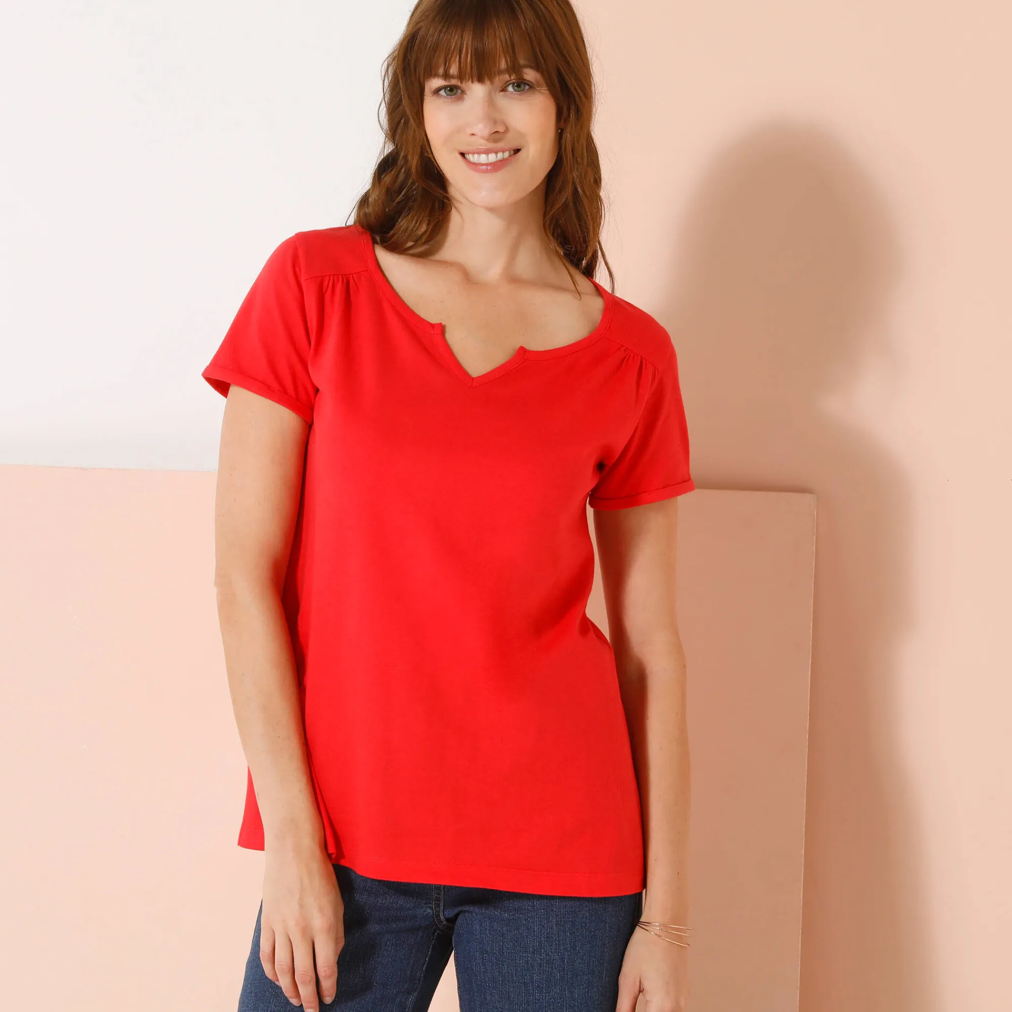 T-Shirt En Topje<Blancheporte Effen T-shirt met Tunesische hals, katoen klaproosrood