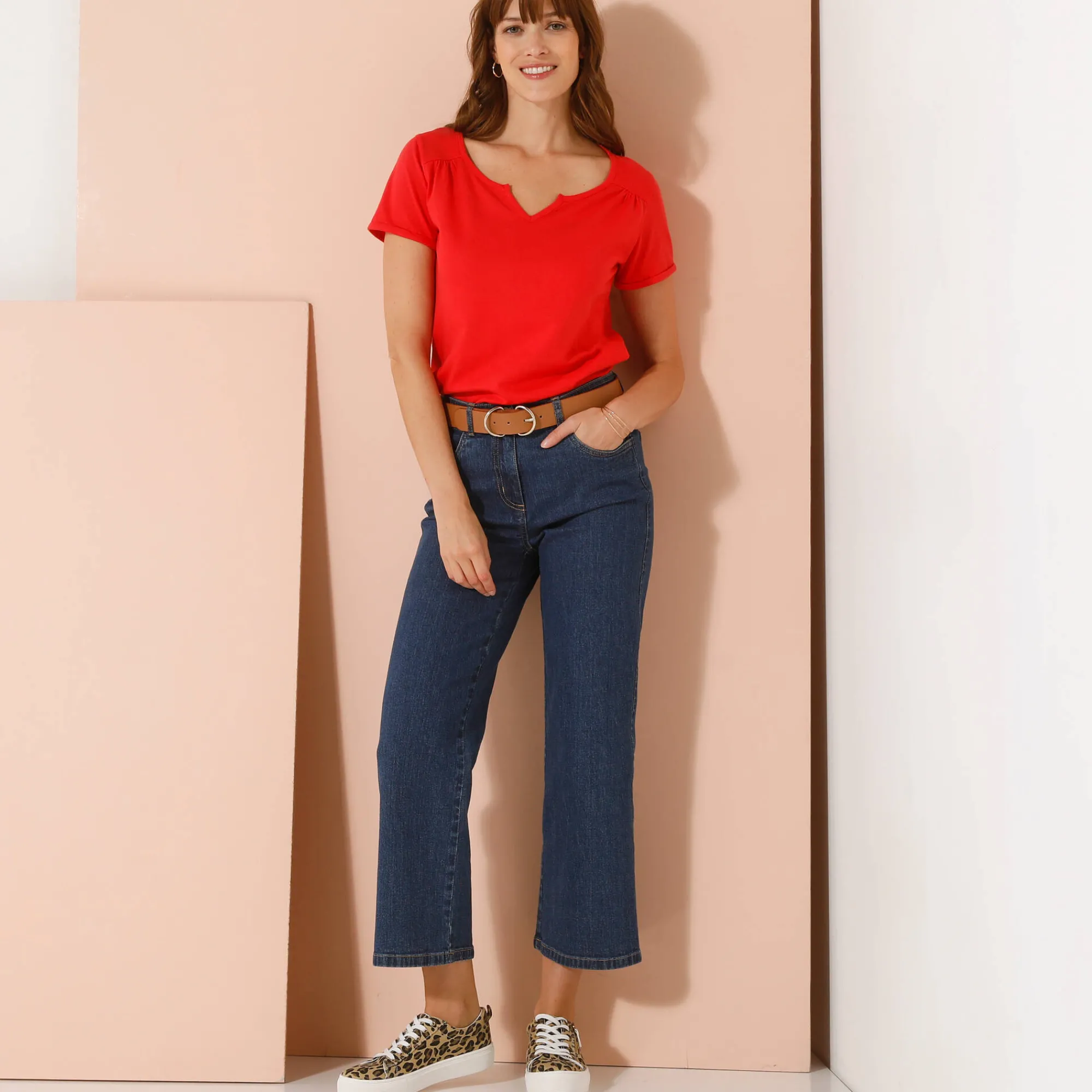 T-Shirt En Topje<Blancheporte Effen T-shirt met Tunesische hals, katoen klaproosrood