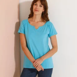 T-Shirt En Topje<Blancheporte Effen T-shirt met Tunesische hals, katoen turkooisblauw
