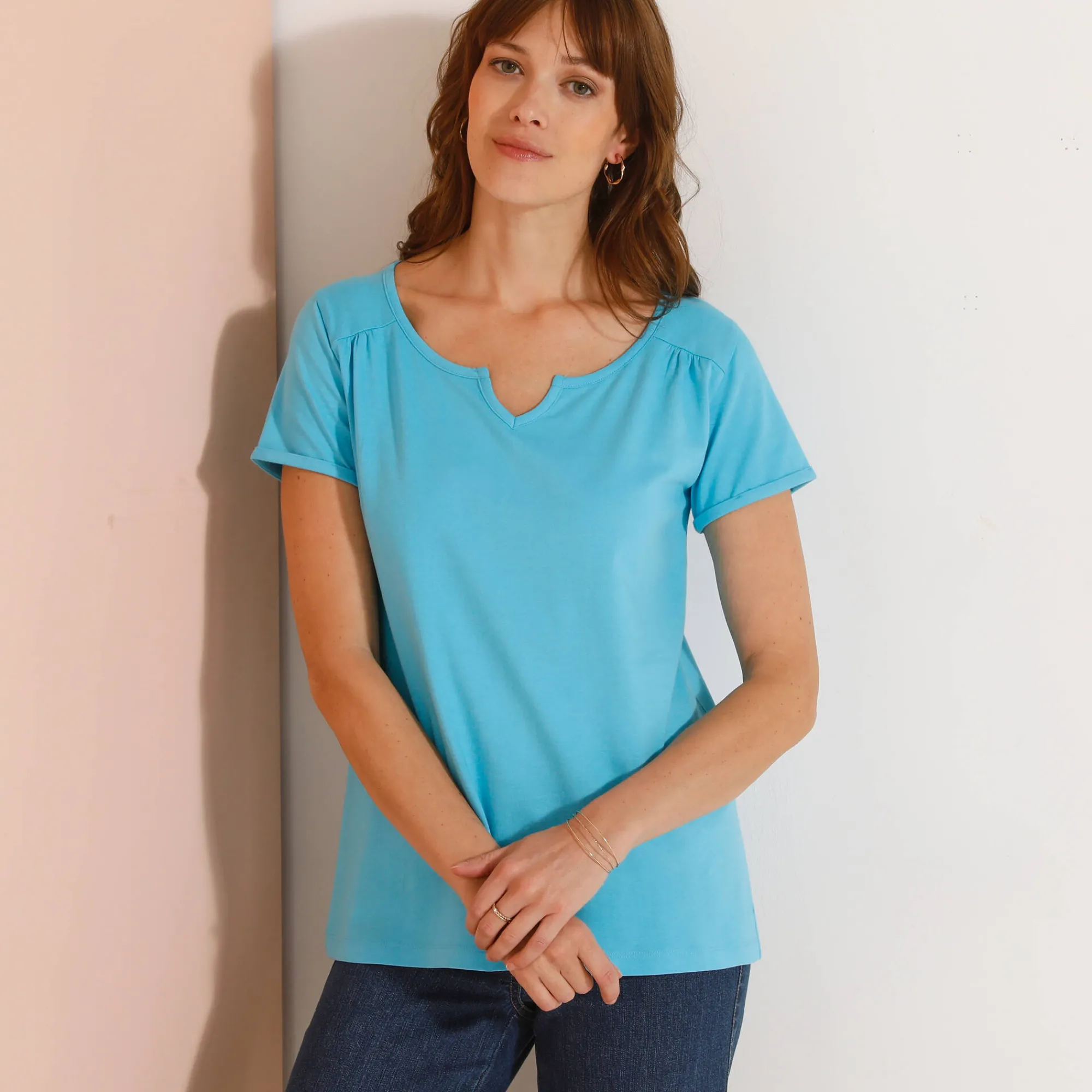T-Shirt En Topje<Blancheporte Effen T-shirt met Tunesische hals, katoen turkooisblauw