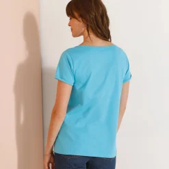 T-Shirt En Topje<Blancheporte Effen T-shirt met Tunesische hals, katoen turkooisblauw