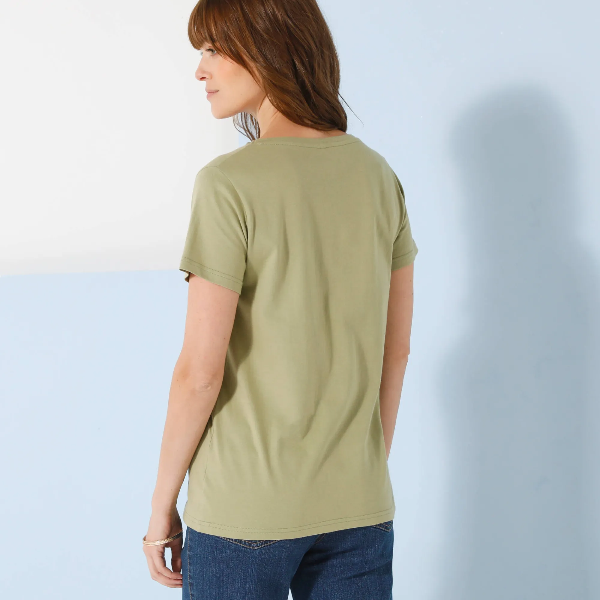 T-Shirt En Topje<Blancheporte Effen T-shirt met V-hals en korte mouwen, katoen lichtkaki