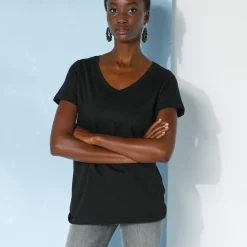T-Shirt En Topje<Blancheporte Effen T-shirt met V-hals en korte mouwen, katoen zwart