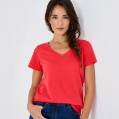 T-Shirt En Topje<Blancheporte Effen T-shirt met V-hals en korte mouwen, katoen klaproosrood