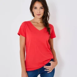 T-Shirt En Topje<Blancheporte Effen T-shirt met V-hals en korte mouwen, katoen klaproosrood
