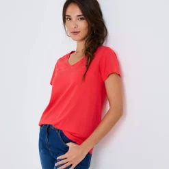 T-Shirt En Topje<Blancheporte Effen T-shirt met V-hals en korte mouwen, katoen klaproosrood
