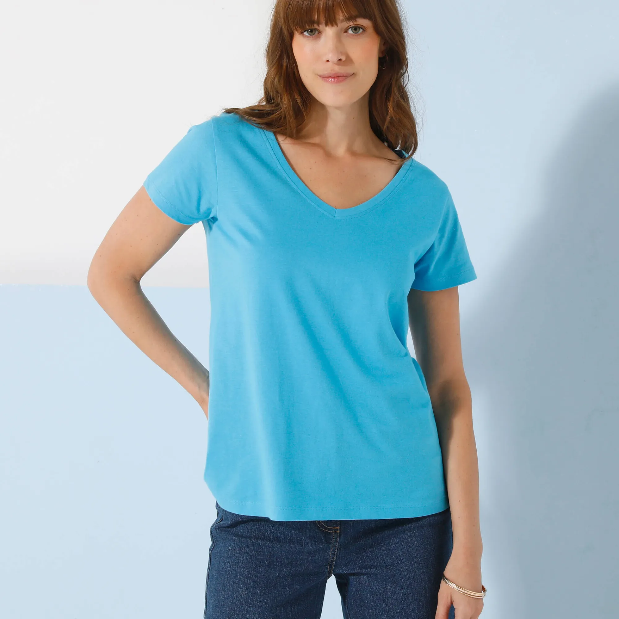 T-Shirt En Topje<Blancheporte Effen T-shirt met V-hals en korte mouwen, katoen turkooisblauw