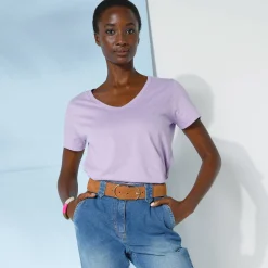 T-Shirt En Topje<Blancheporte Effen T-shirt met V-hals en korte mouwen, katoen mauve