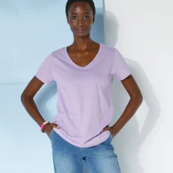 T-Shirt En Topje<Blancheporte Effen T-shirt met V-hals en korte mouwen, katoen mauve