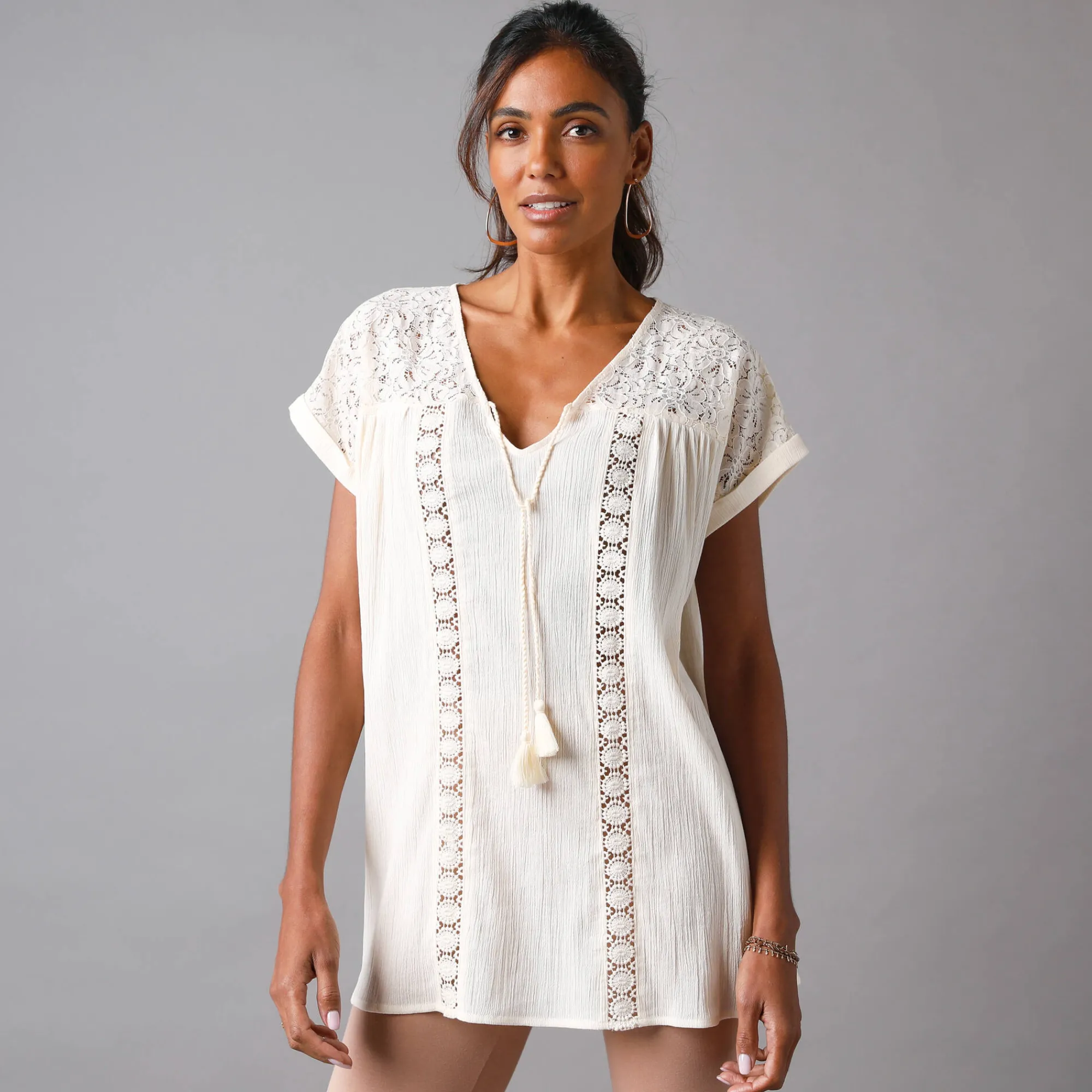 Bloes En Tuniek<Blancheporte Effen tuniek, kant en crepon ecru