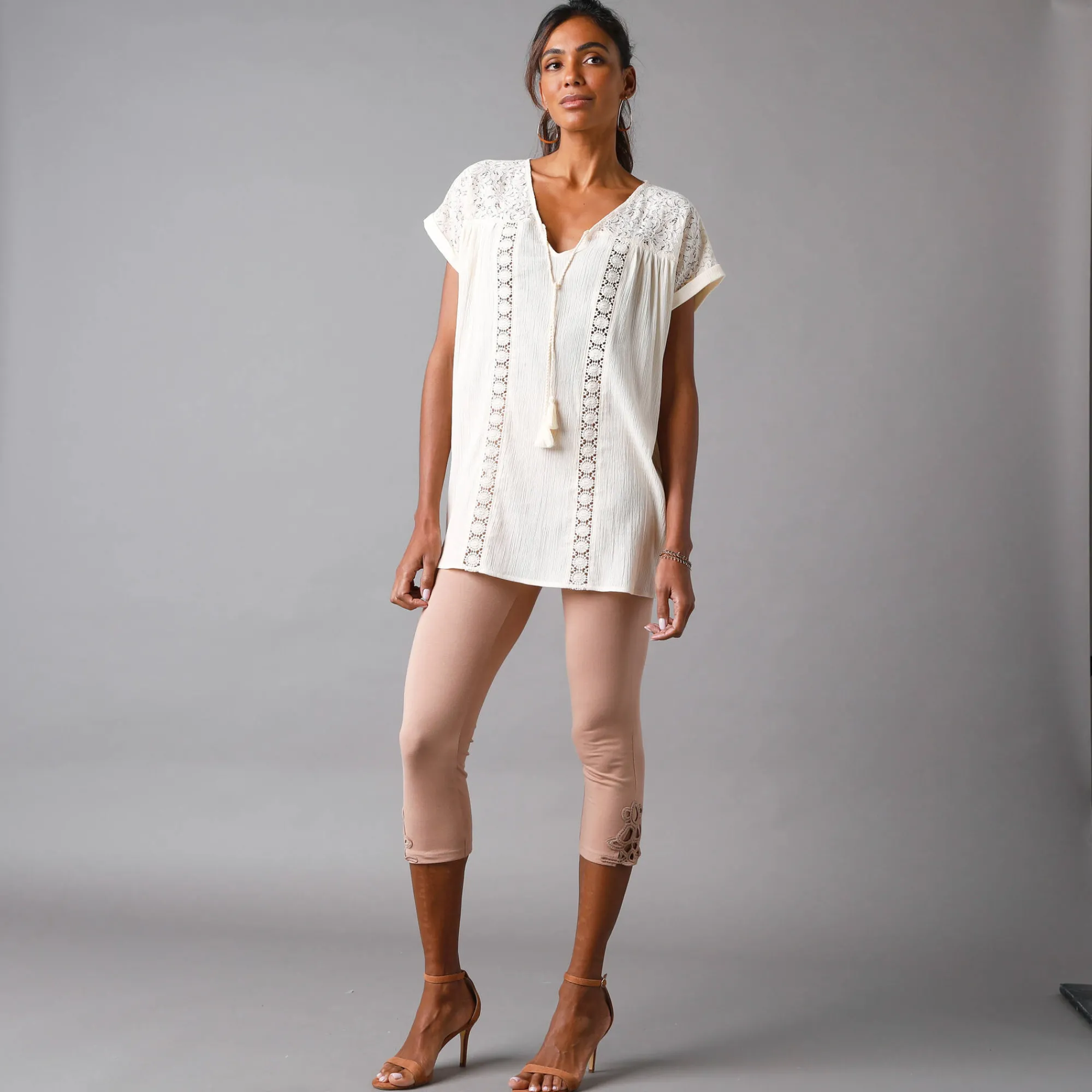 Bloes En Tuniek<Blancheporte Effen tuniek, kant en crepon ecru