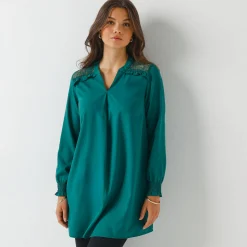 Bloes En Tuniek<Blancheporte Effen tuniek met kant en lange mouwen dennengroen