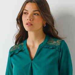 Bloes En Tuniek<Blancheporte Effen tuniek met kant en lange mouwen dennengroen