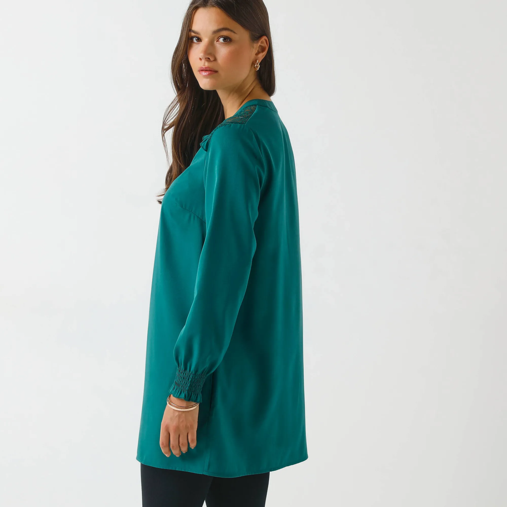 Bloes En Tuniek<Blancheporte Effen tuniek met kant en lange mouwen dennengroen