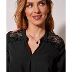 Feestoutfits Dames|Bloes En Tuniek<Blancheporte Effen tuniek met kant en lange mouwen zwart