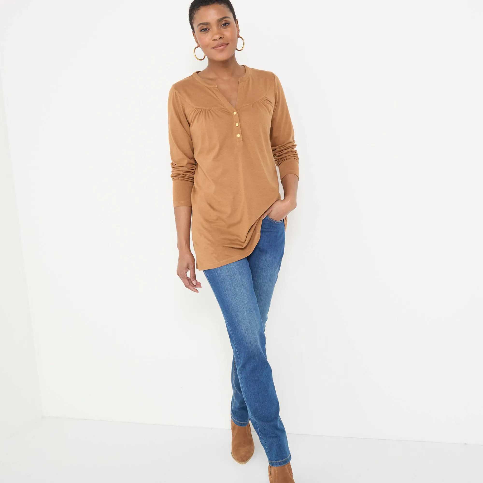 T-Shirt En Topje|Bloes En Tuniek<Blancheporte Effen tuniek met knoopkraag karamel