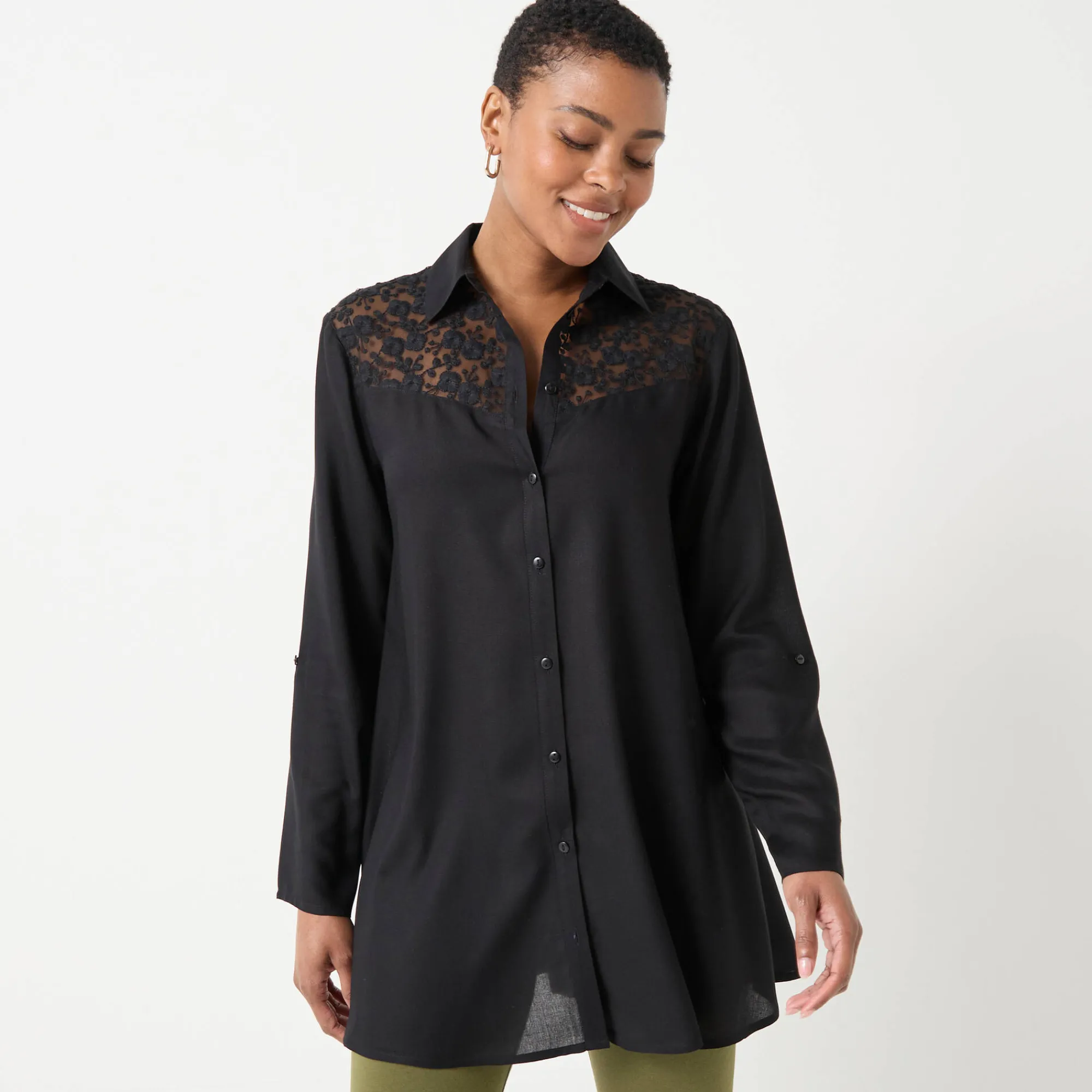 Bloes En Tuniek<Blancheporte Effen tuniek met knopen en kant zwart