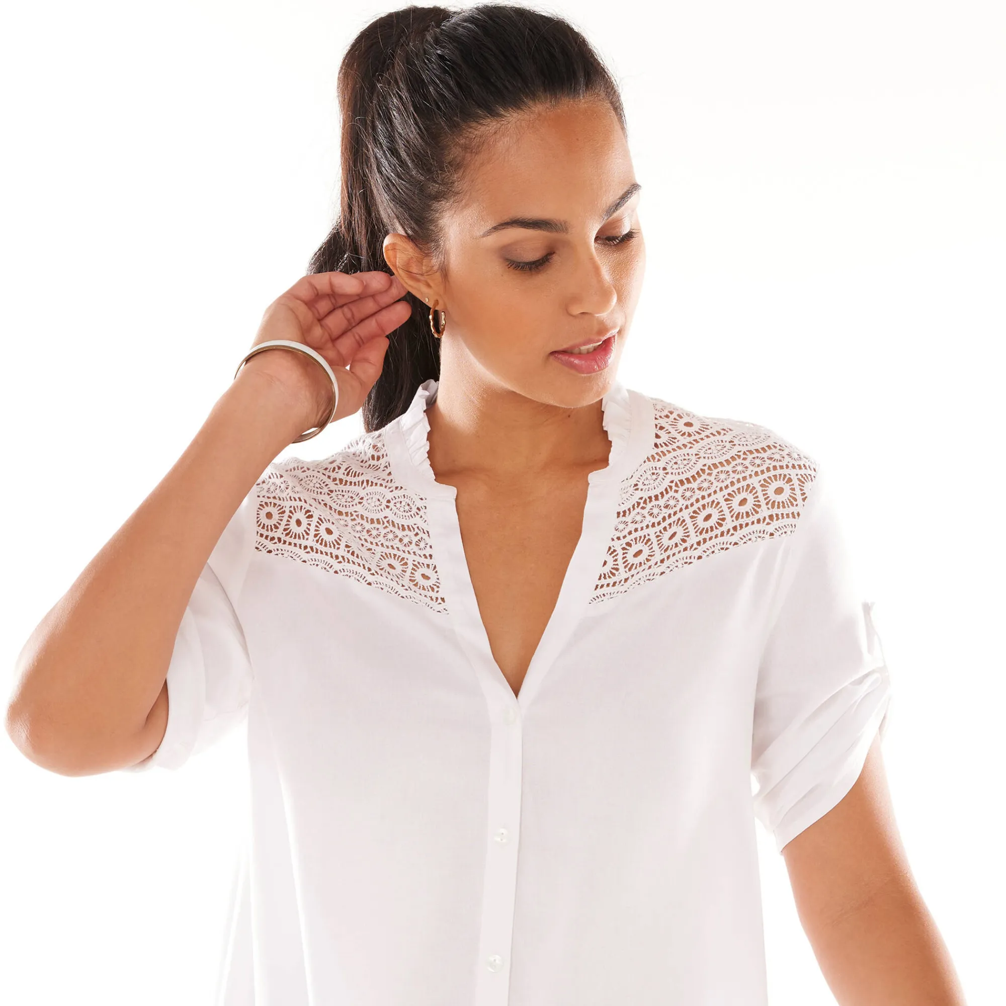 Bloes En Tuniek<Blancheporte Effen tuniek met Tunesische hals en knopen wit