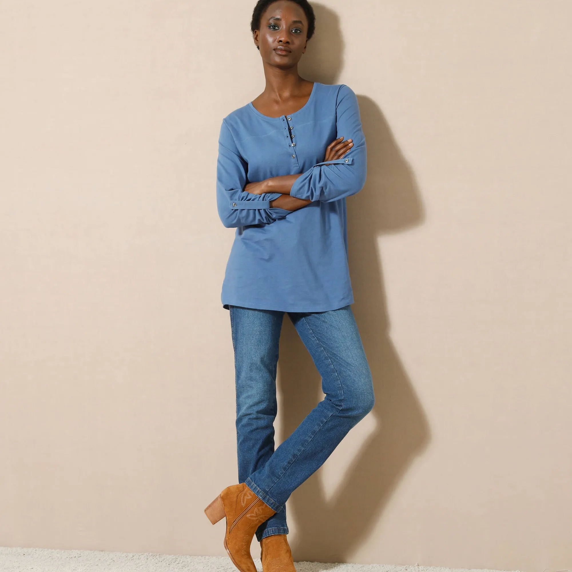 T-Shirt En Topje|Bloes En Tuniek<Blancheporte Effen tuniek met Tunesische hals en lange mouwen marine