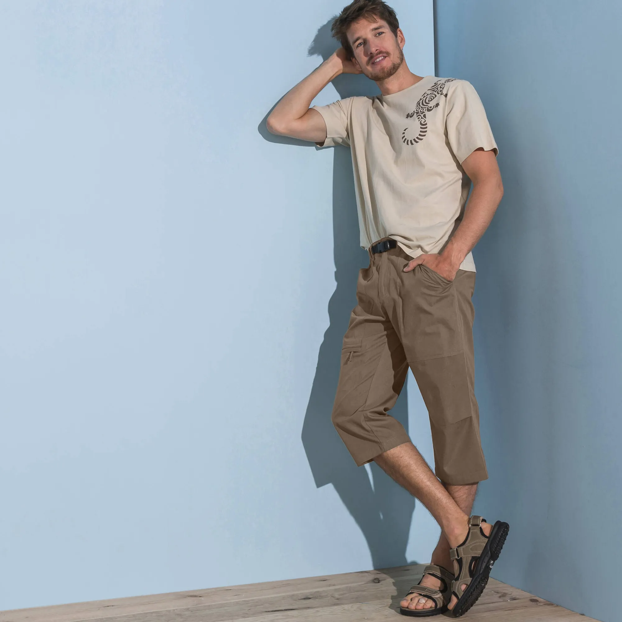 Broek<Blancheporte Elastische 3/4-broek + bijpassende ceintuur donkerbeige