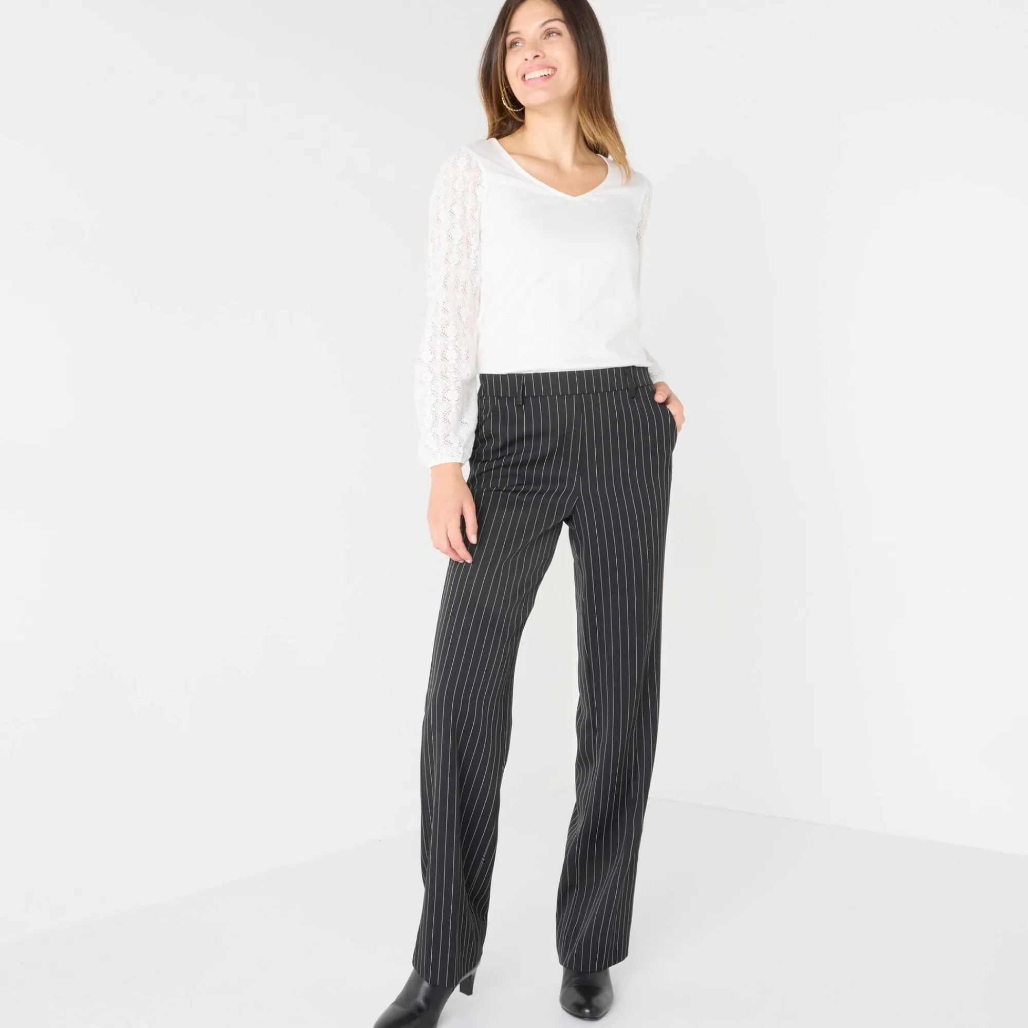 Broek<Blancheporte Elegante, rechte broek, gestreept zwart / wit