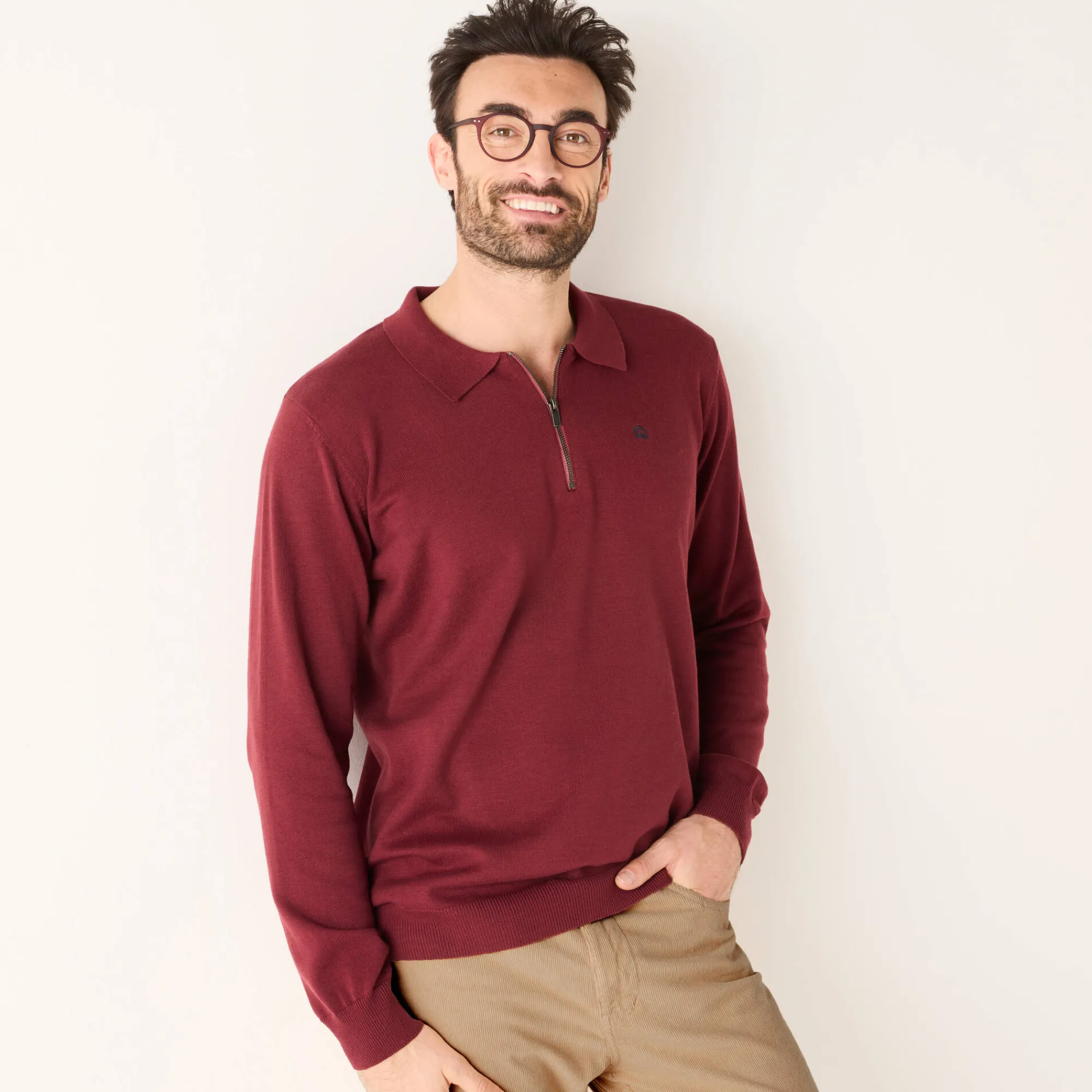Feestoutfits Heren|Trui En Vest<Blancheporte Fijne trui met polokraag, rits en borduursel op de borst bordeaux