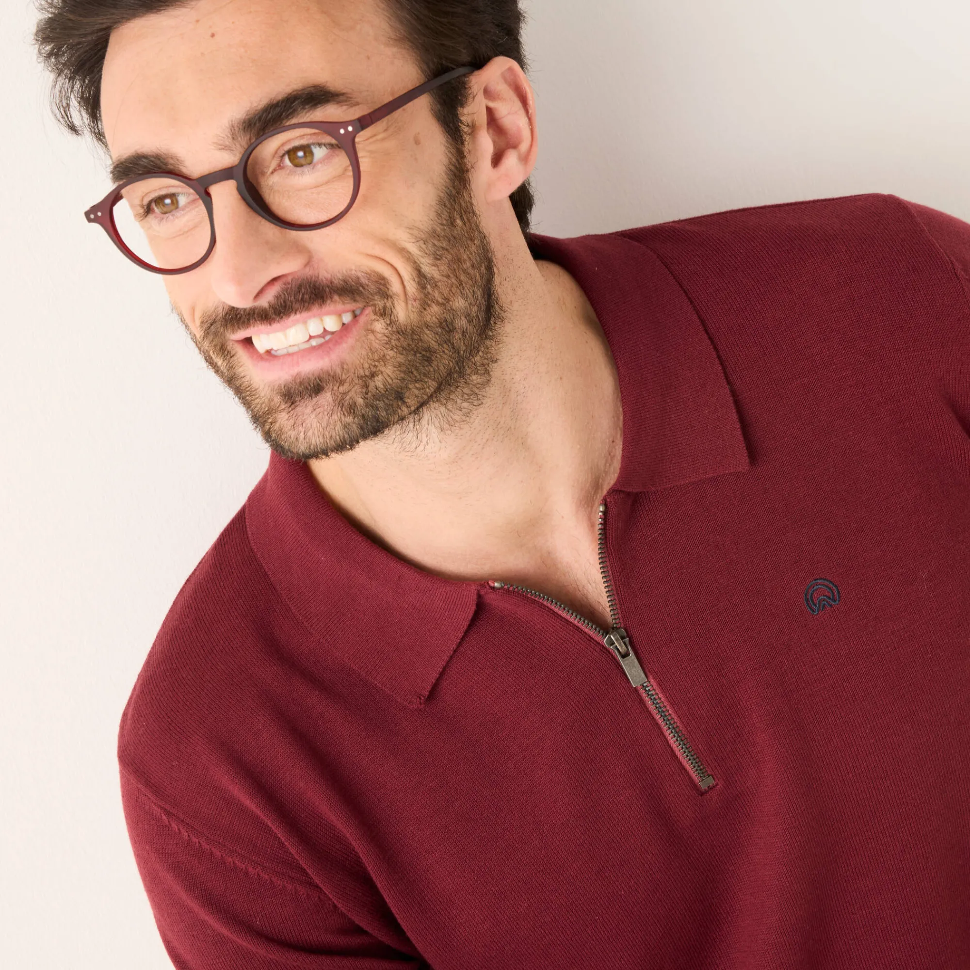 Feestoutfits Heren|Trui En Vest<Blancheporte Fijne trui met polokraag, rits en borduursel op de borst bordeaux