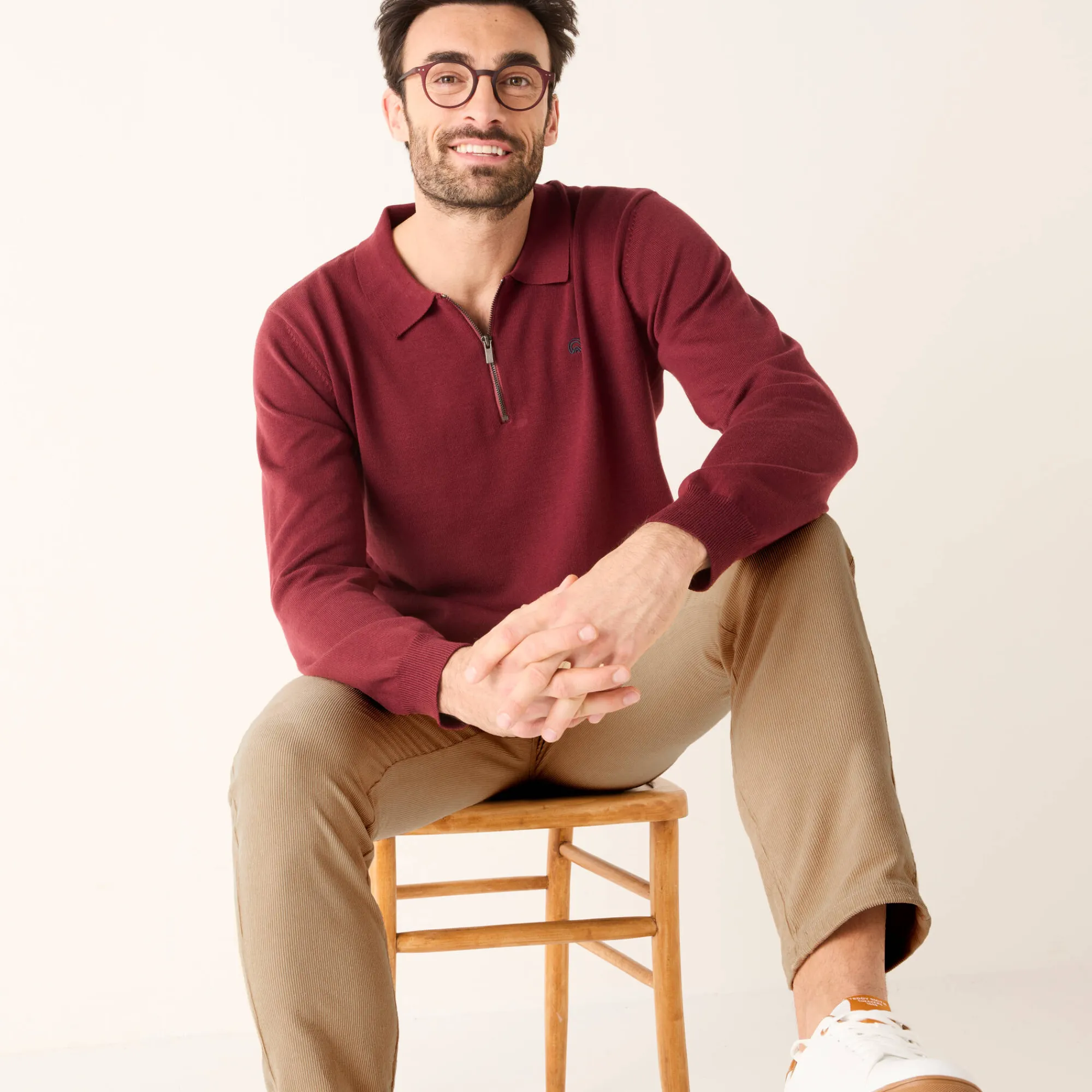 Feestoutfits Heren|Trui En Vest<Blancheporte Fijne trui met polokraag, rits en borduursel op de borst bordeaux