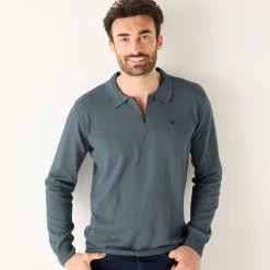 Feestoutfits Heren|Trui En Vest<Blancheporte Fijne trui met polokraag, rits en borduursel op de borst staalblauw
