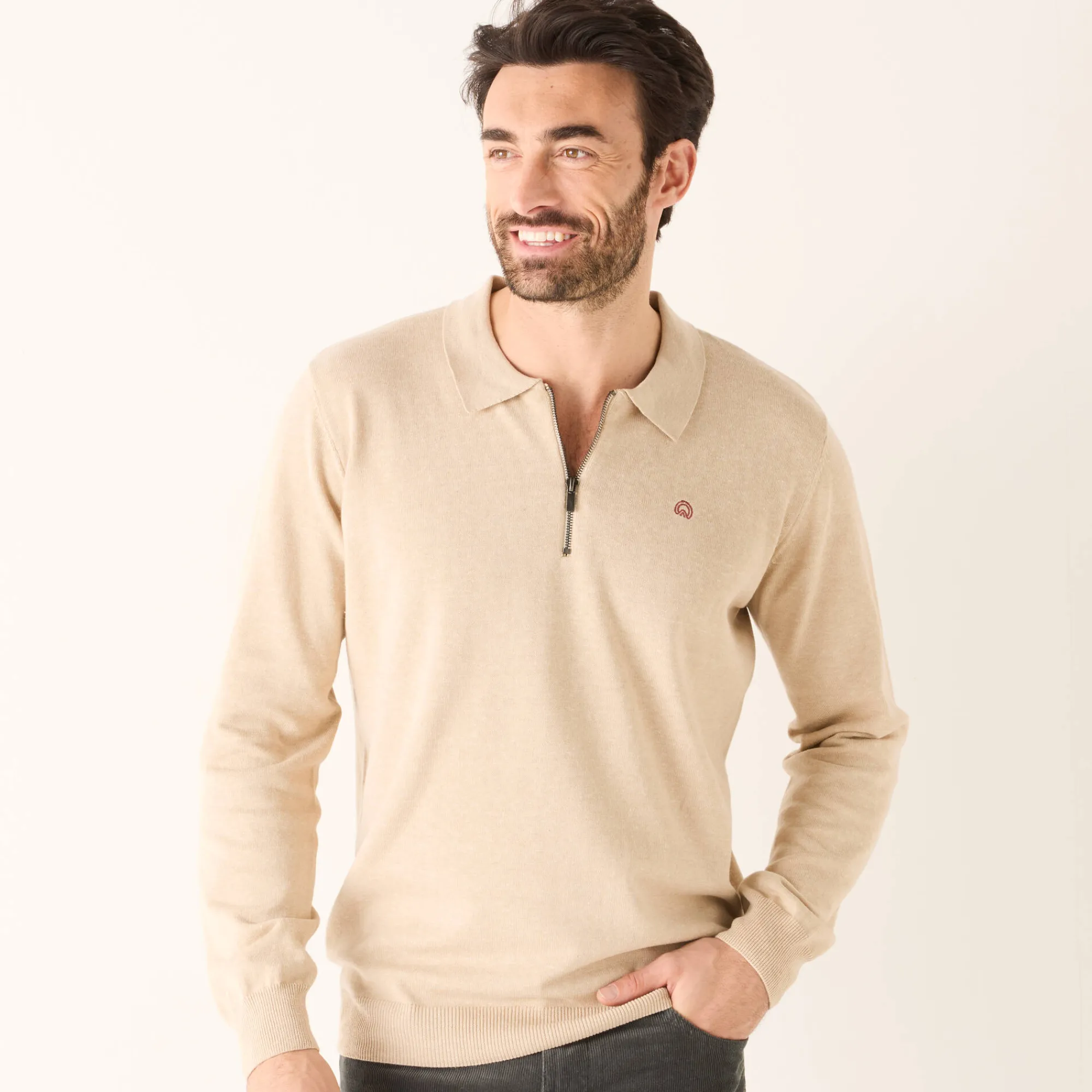 Feestoutfits Heren|Trui En Vest<Blancheporte Fijne trui met polokraag, rits en borduursel op de borst lichtbeige